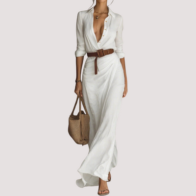 Regina™ - Vestido largo con cinturón, mangas largas y solapas