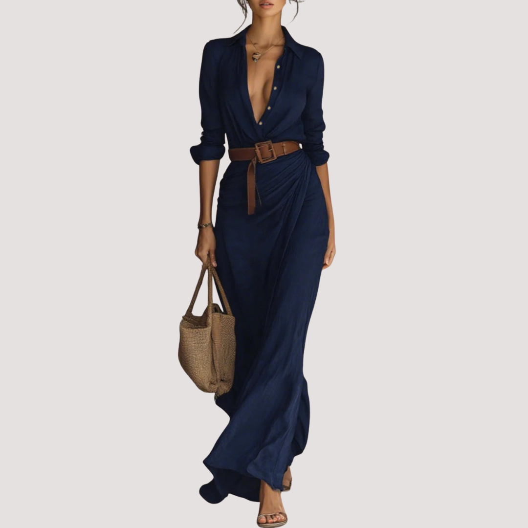 Regina™ - Vestido largo con cinturón, mangas largas y solapas