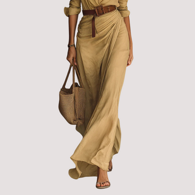 Regina™ - Vestido largo con cinturón, mangas largas y solapas