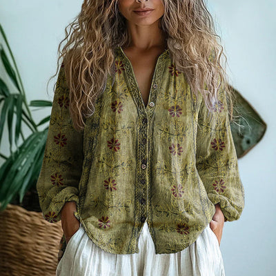 Ámbar™ - Blusa Vintage con Estampado de Hojas